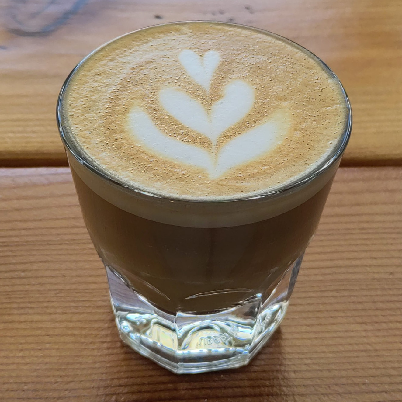 A lovely cortado served in a glass at Fleet Coffee in Austin.