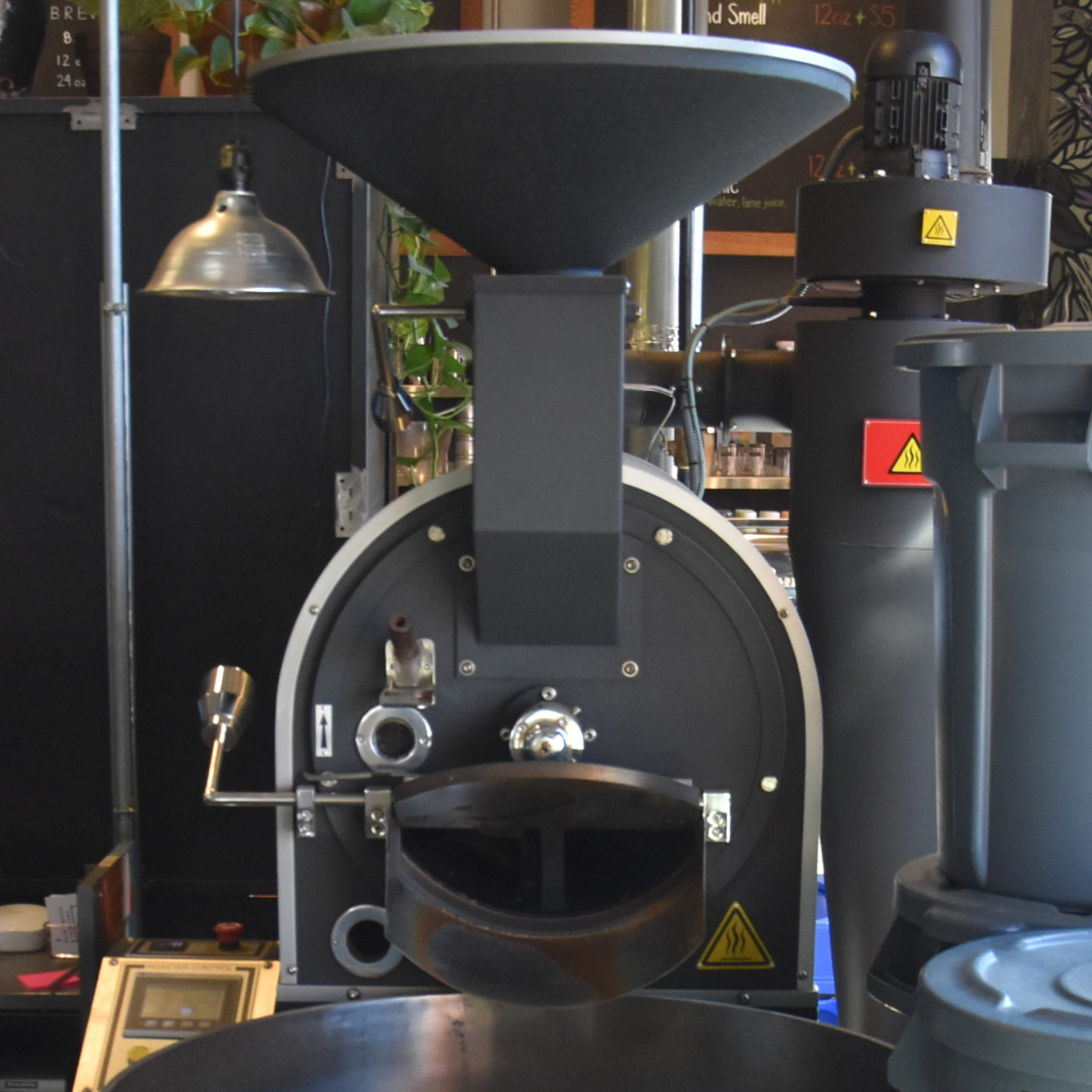 The 15 kg Joper roaster from Velo Coffee Roasters, where the roastery is inside the coffee shop on Main Street in Chattanooga.