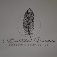 The 3 Little Birds logo, a detailed line-drawing of a feather above the words "3 Little Birds | Espresso & Creative Hub"