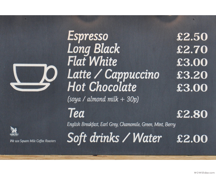 There's a concise coffee and hot drinks menu...