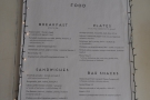 The food menu gets a similar treatment. There are also full menus on the tables.