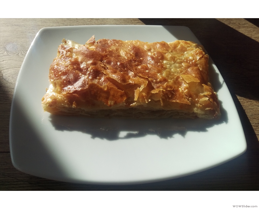I was there for lunch and had this, a feta cheese bougatsa (a greek pastry).