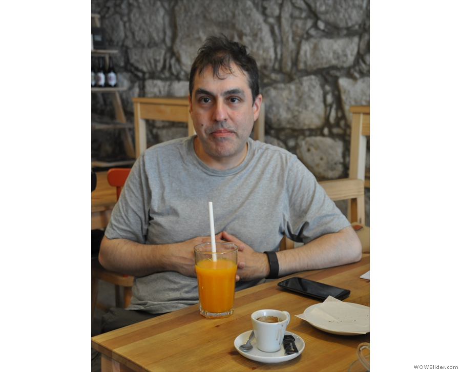 Meanwhile, my friend Lev would like it known that he was very happy with his choice of freshly-pressed orange juice. Far happier than this photo implies.