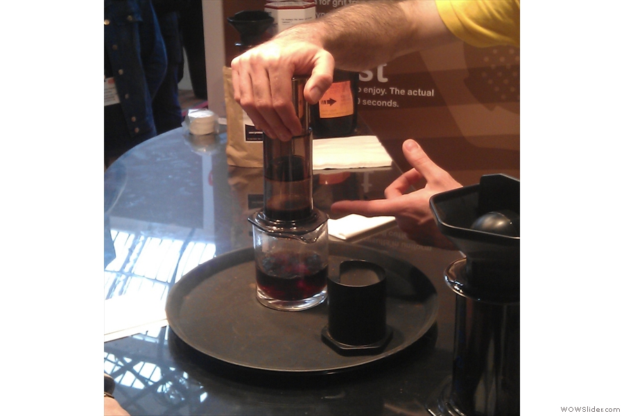 Second Rule of Aeropress Club: don't follow the instructions, as was demonstrated to me. Look! It works!