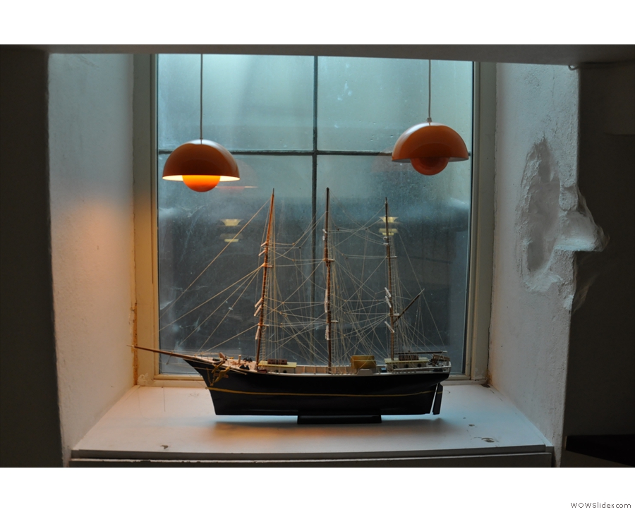 The Copenhagen Coffee Lab is full of neat touches, including this model ship on a windowsill.