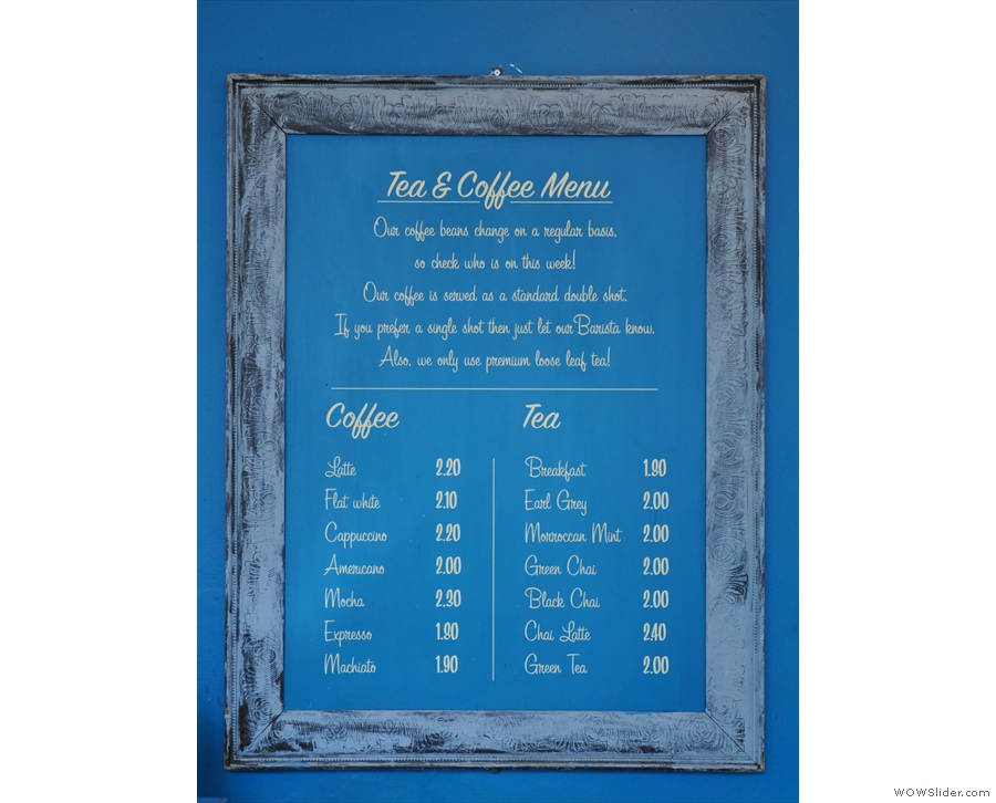 The coffee and tea menu. Concise and informative.