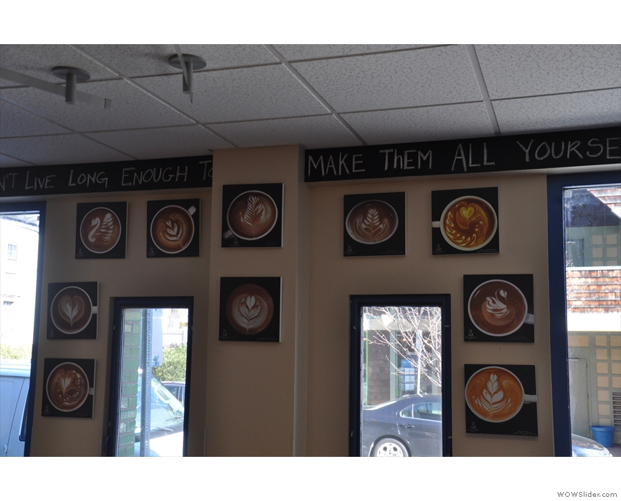 There's lots of interesting things on the walls, such as these pictures of latte art...