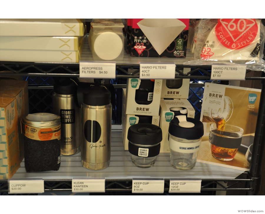 ... then, at the bottom, there's coffee-related kit, such as branded Keep Cups and filters.