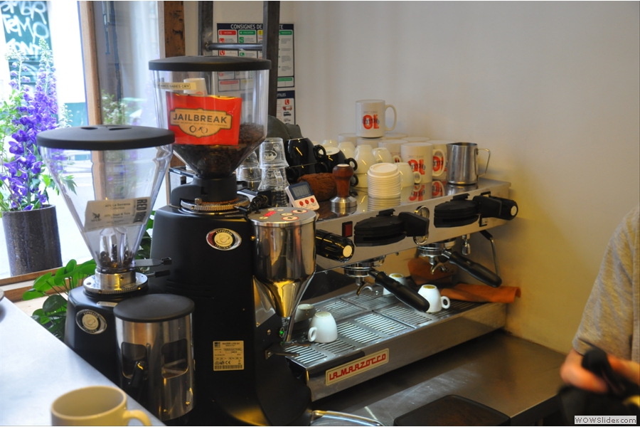 The all-important espresso machine, with Jailbreak from Has Bean and a guest from Square Mile on the other grinder.