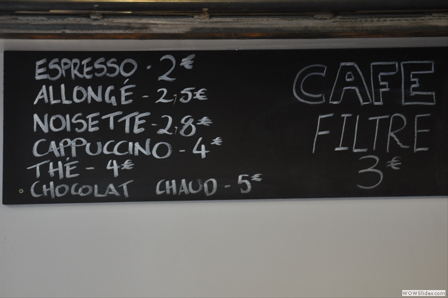 The commendably concise coffee menu.