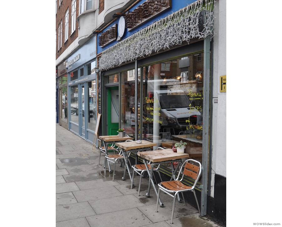 The view of Doctor Espresso, coming down Fulham High Street towards the river.