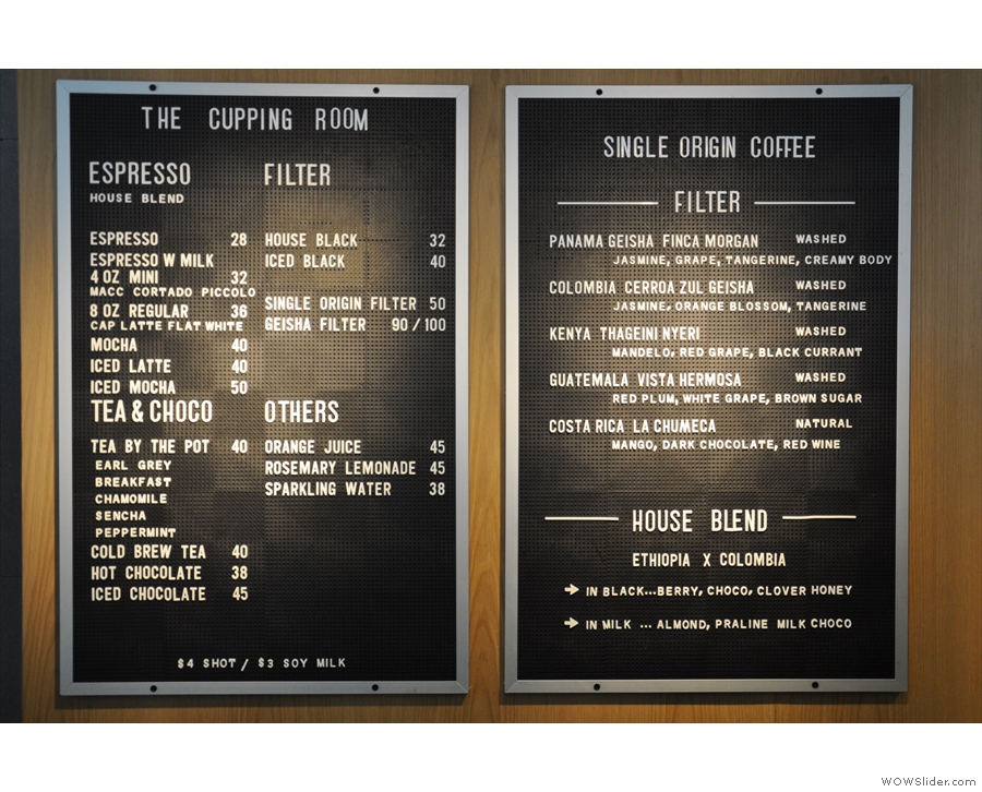 The comprehensive coffee menu, with the choice of single-origin filters on the right.
