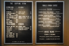 The comprehensive coffee menu, with the choice of single-origin filters on the right.