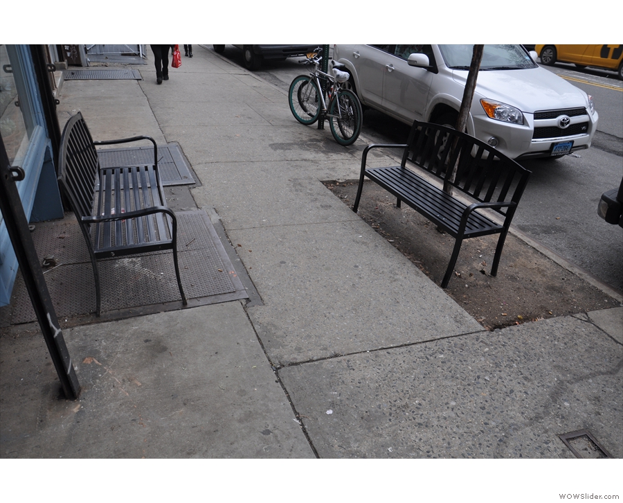 The outside seating consists of these two benches on the pavement. Unusually layout...