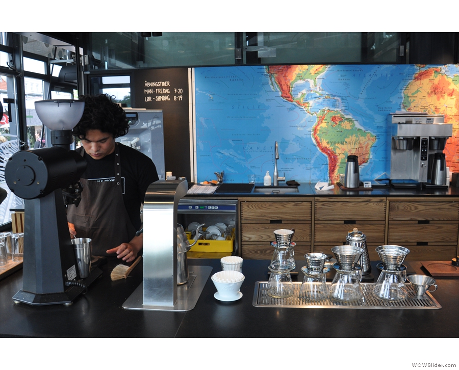 At the far end of the counter is the brew-bar, with its Kalita Wave filters. 