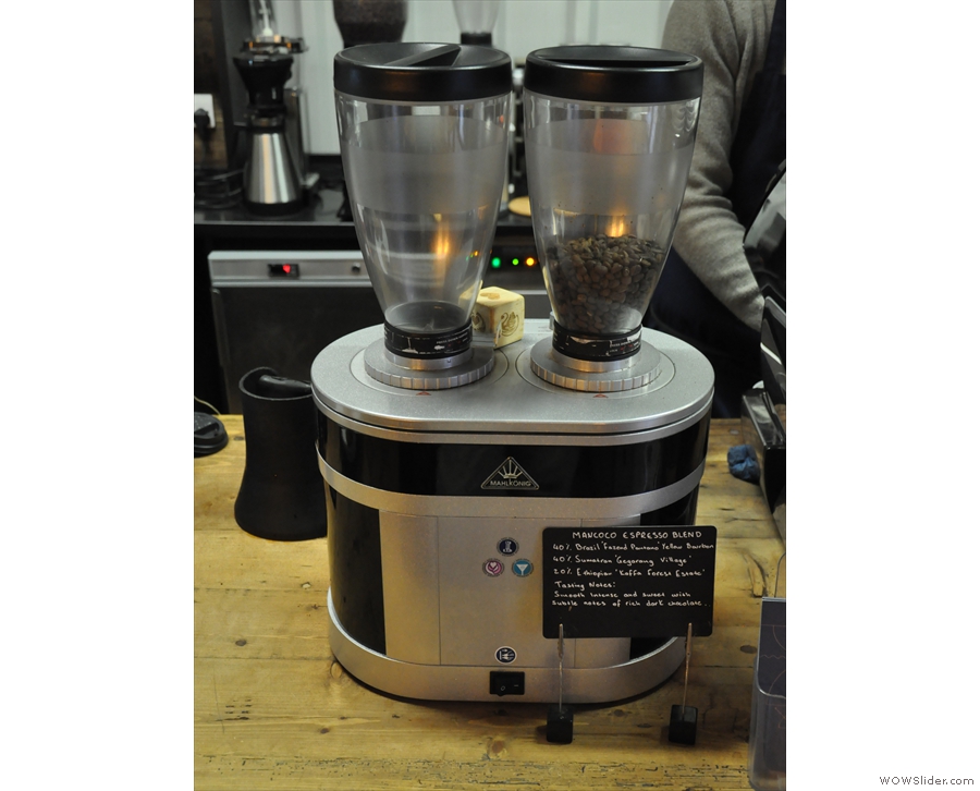 ... while the espresso (house-blend and single-origin) are in the two-headed grinder...