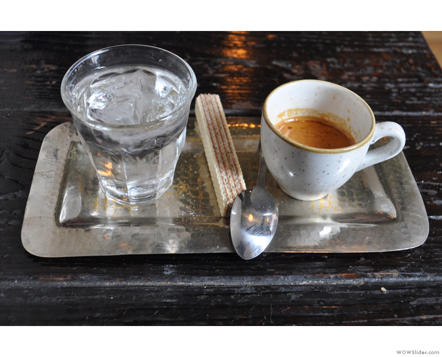 February: a beautifully presented espresso, plus glass of water, at Filter + Fox, Liverpool.