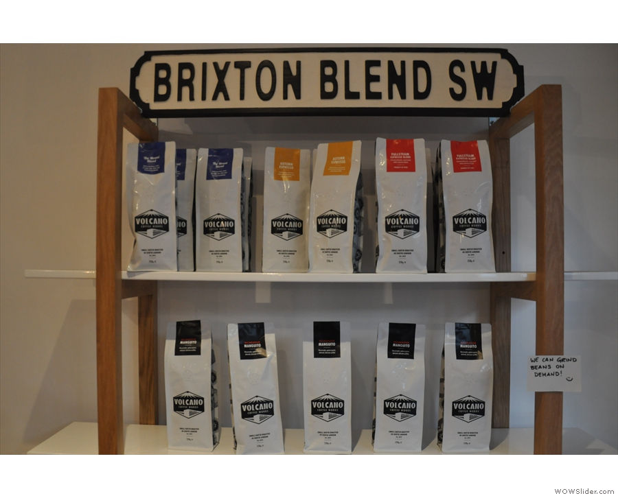 Both Brixton Blend's roasters are represented: Volcano here and Nude on the shelves below.