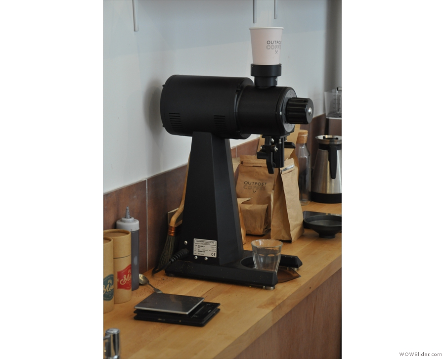 The EK-43, which does all the filter grinding, is tucked away behind the counter.