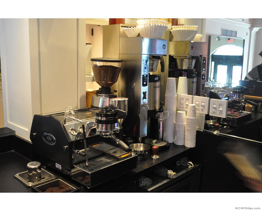 The espresso kit, plus the bulk-brewer, is on the left-hand side.