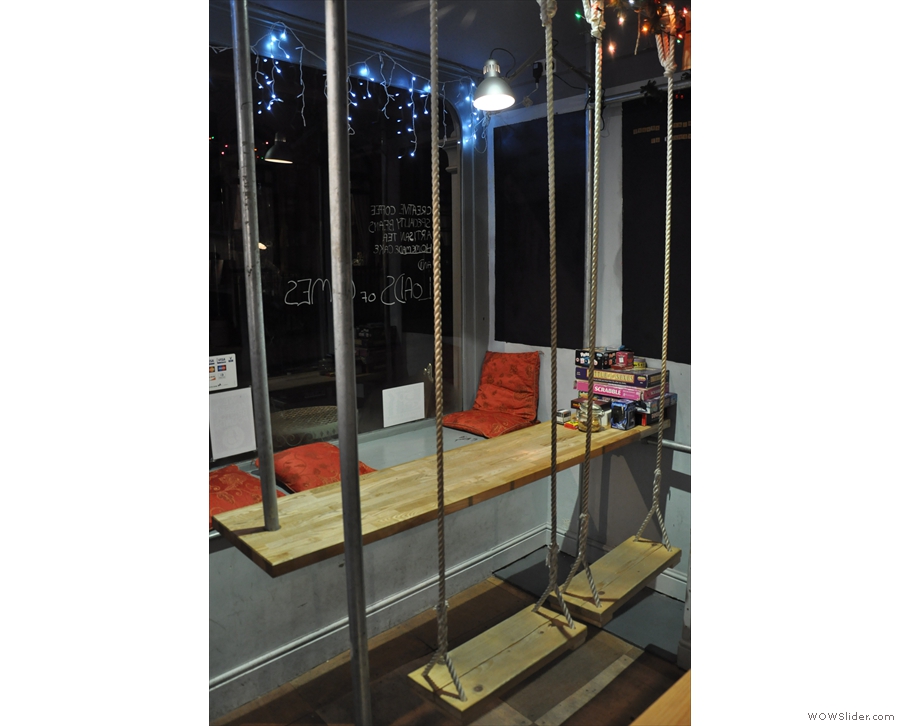 Playground Coffee is well known for the swing seats and suspended table in the window.