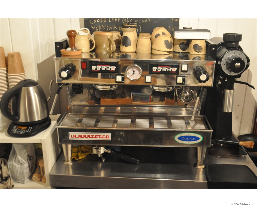 The espresso machine, with the versatile EK-43 doing all the grinding.