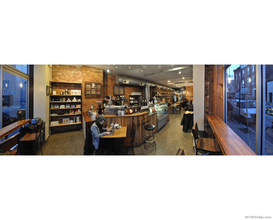 A panoramic view from just inside the door. The coffee end is at the front, beer at the back.