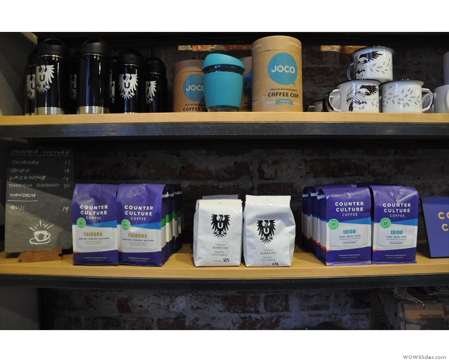There's coffee and merchandising for sale from a variety of roasters...