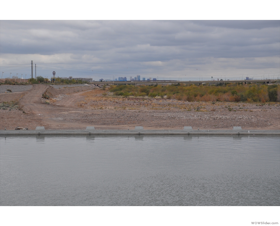 Looking west over the dammed river and along the dry river bed to downtown Phoenix.