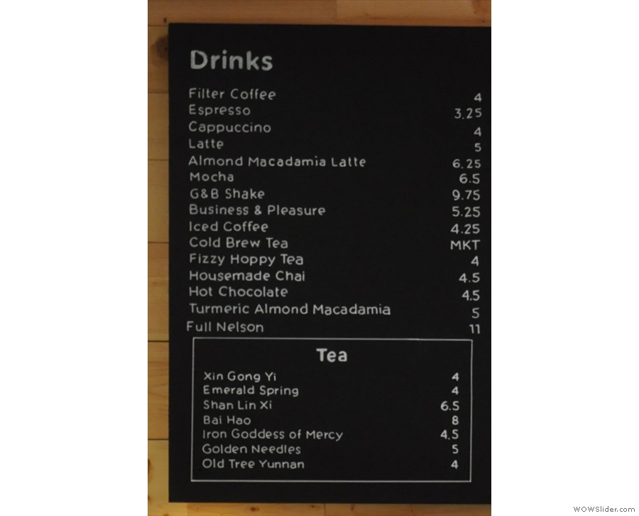 The coffee part of the menu is on the left.