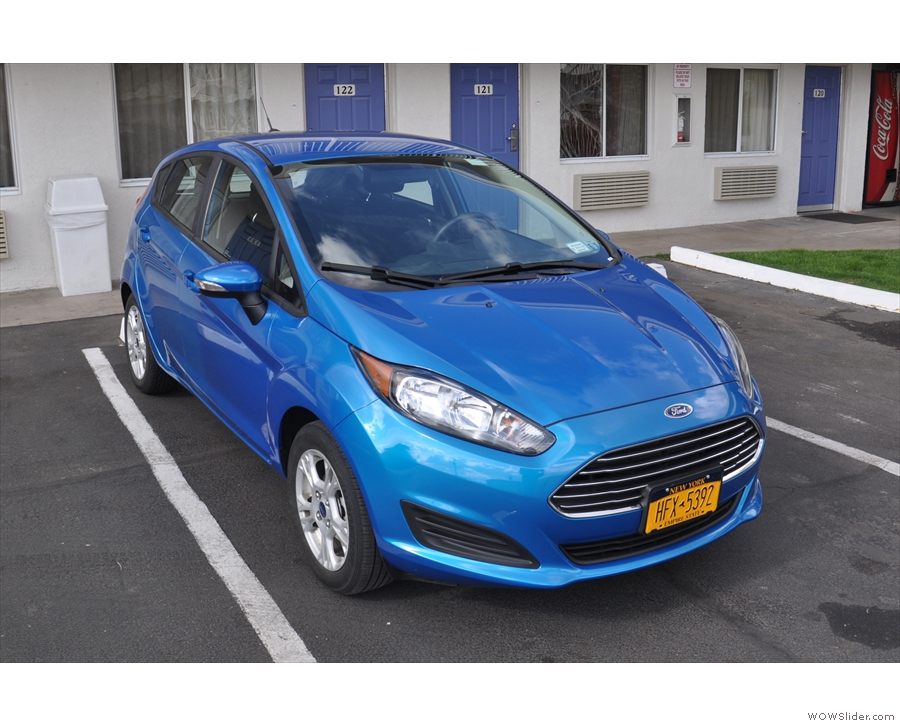 My steed for the next 12 days, a rather striking blue Ford Fiesta, parked back at the motel.