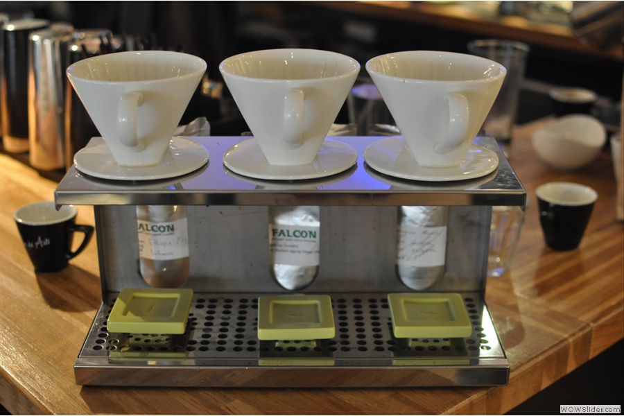 The new brew bar with the three samples Bradley has brought along.