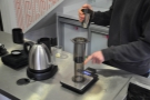 The Aeropress is placed on the scales (inverted) and the scales zeroed.