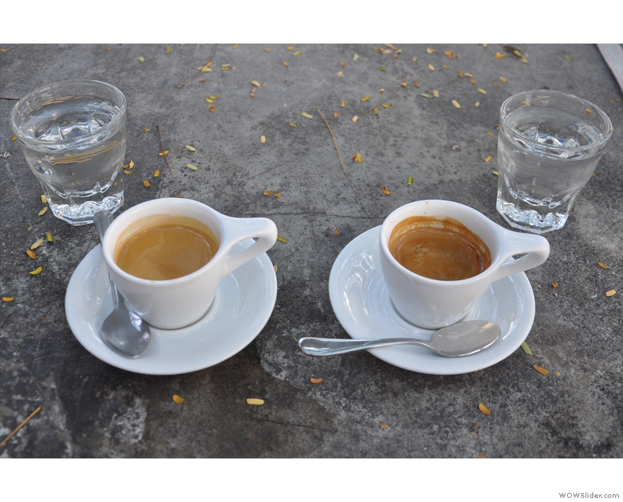While I was there, I had an espresso tasting flight: one each of the East & West Coast blends.