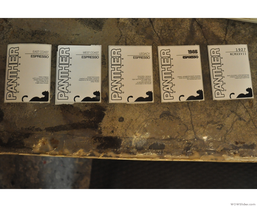 Turning to the end result: Panther Coffee's five espresso blends.