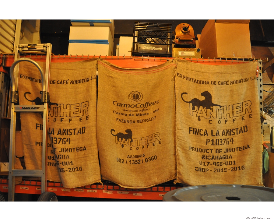 Obligatory shot of coffee sacks: this is the green bean storage area to left of the roastery.