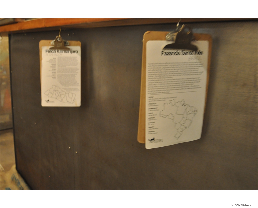 Clipboards hang under the counter with more details for the single-origins.