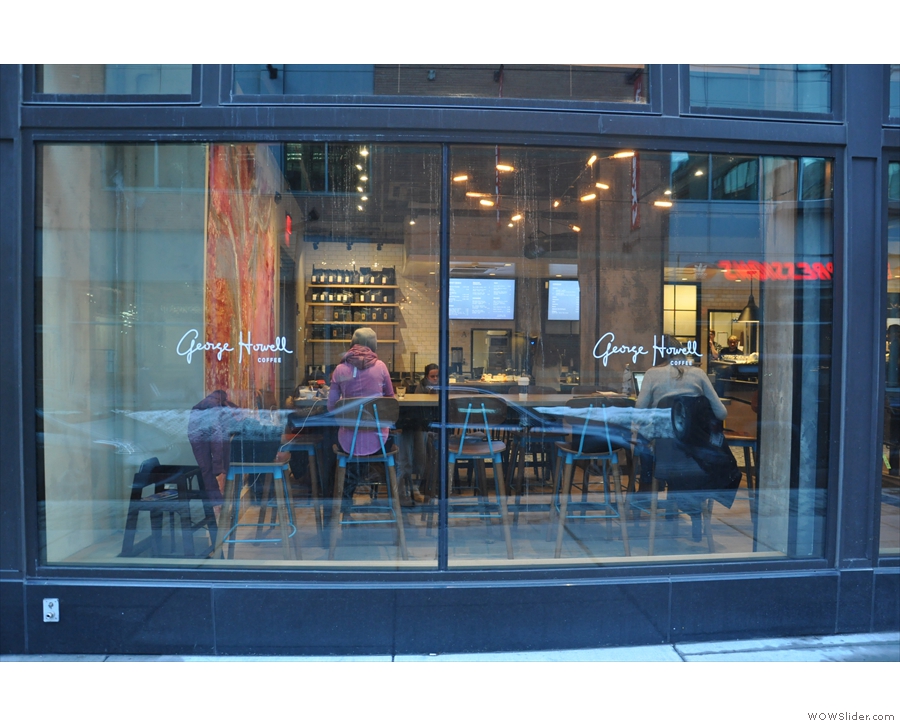 Looking in from the outside: one of two seating areas in the new George Howell coffee shop.
