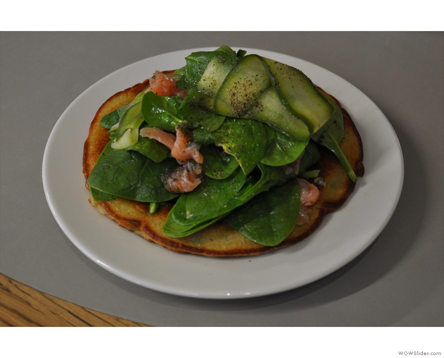 I had the salmon gravlax on a spring onion pancake for lunch.