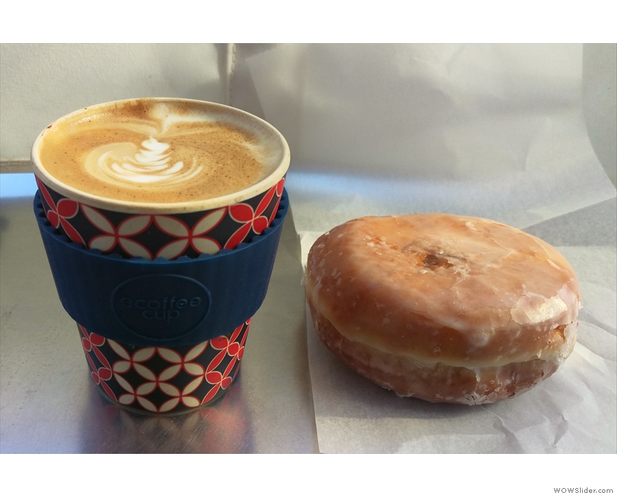 I started with a cappuncino in my Ecoffee Cup. Plus the last doughnut. It looked lonely!