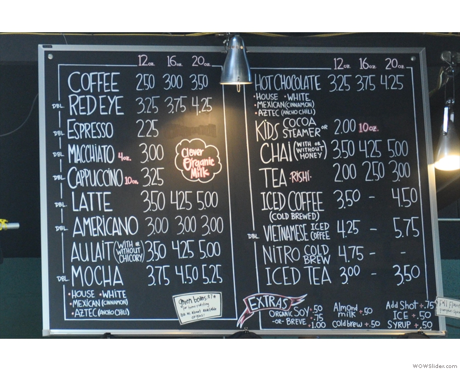 The coffee menu, with more than a nod the mainstream market.