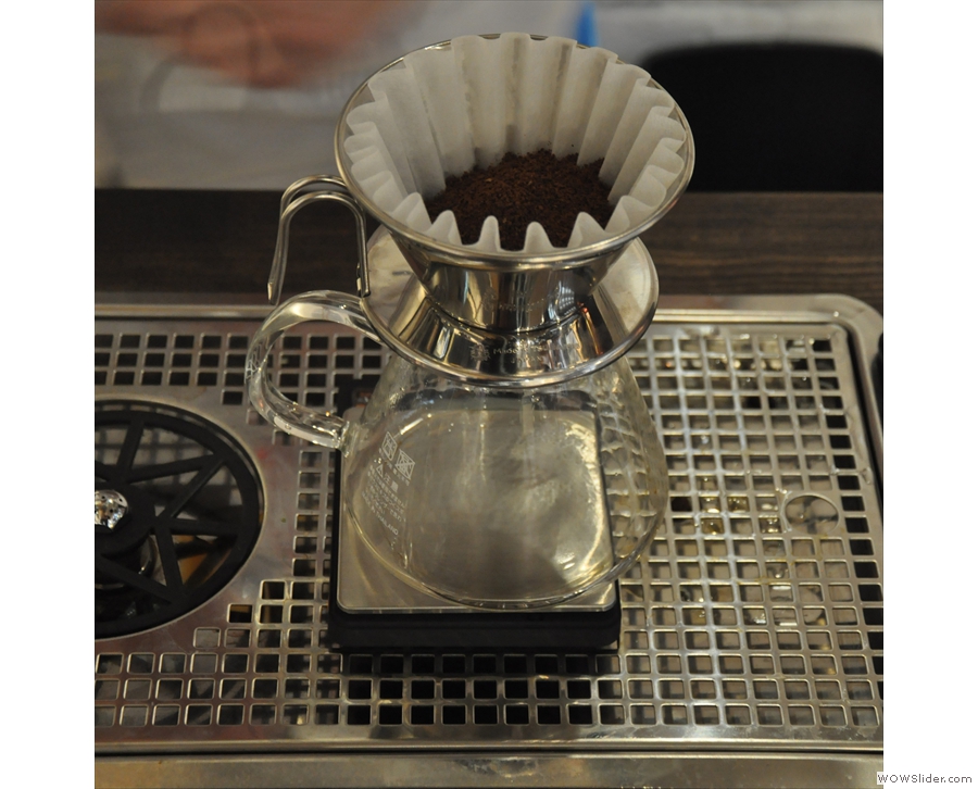 Coffee number two is in the next Kalita Wave filter. Handmade coffee in handmade filters...