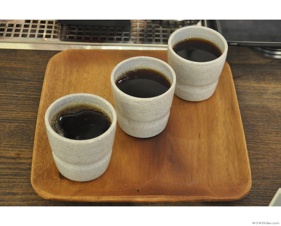 My coffee flight, ready for serving, only I'm staying at the coffee bar...