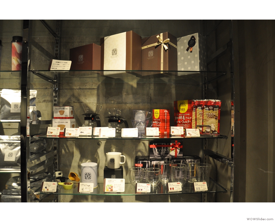 There's lots of things for sale on the retail shelves, including coffee making gear.