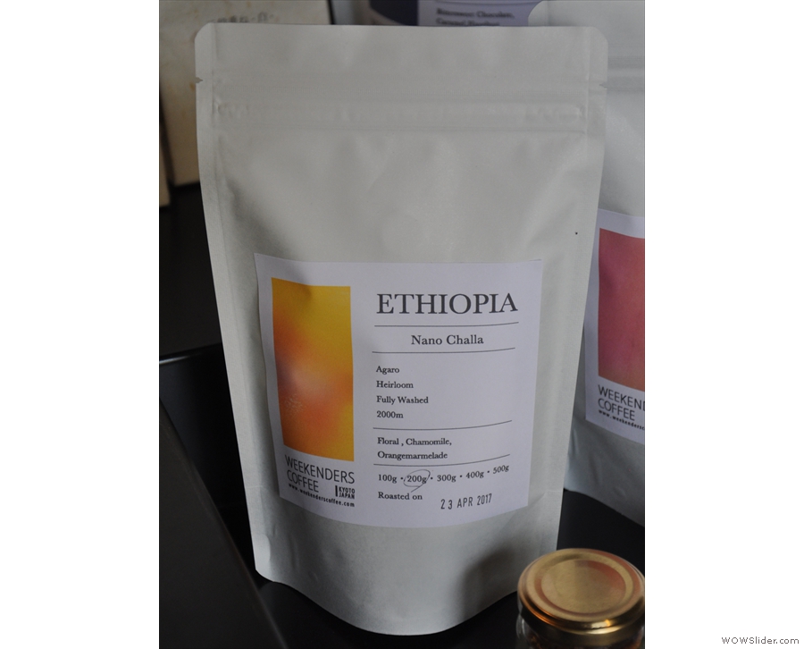 One of the bags of single-origin coffee, an Ethiopean Nano Challa.