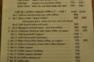 Page one of the menu: regular coffee and coffee concoctions...