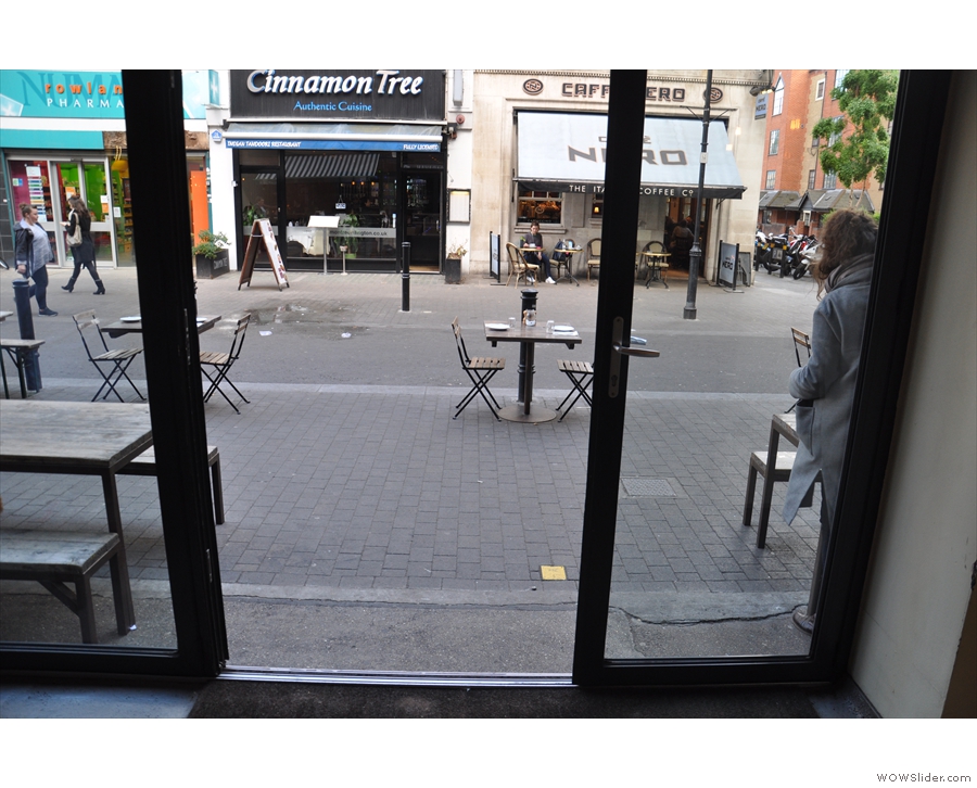 The view from just inside the doors, looking back towards the outside seating.