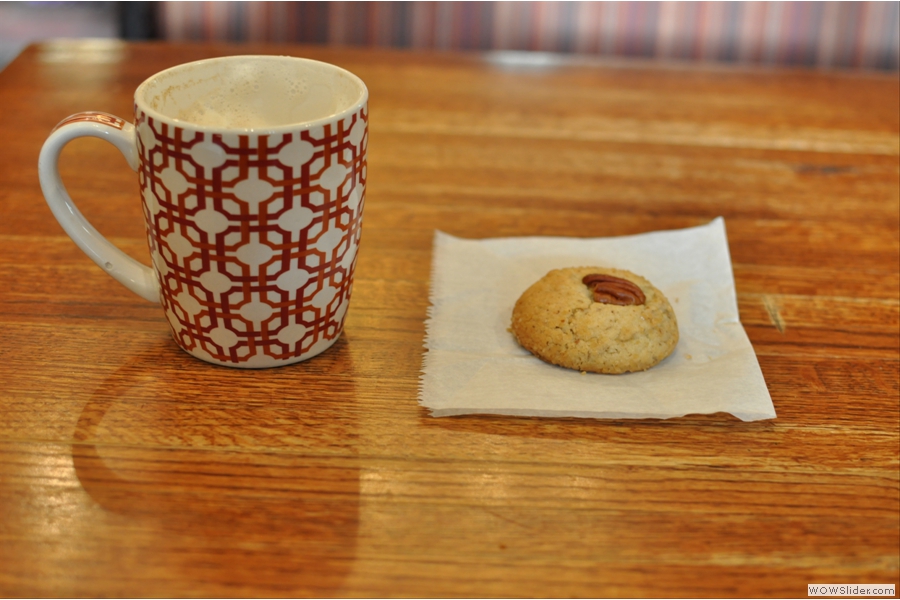 My latte and a very fine pecan cookie.