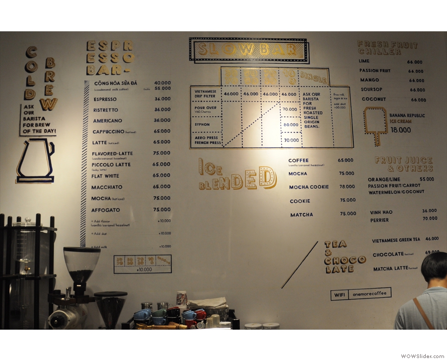 The coffee menu, meanwhile, is on the wall behind the counter and is a work of art in itself.