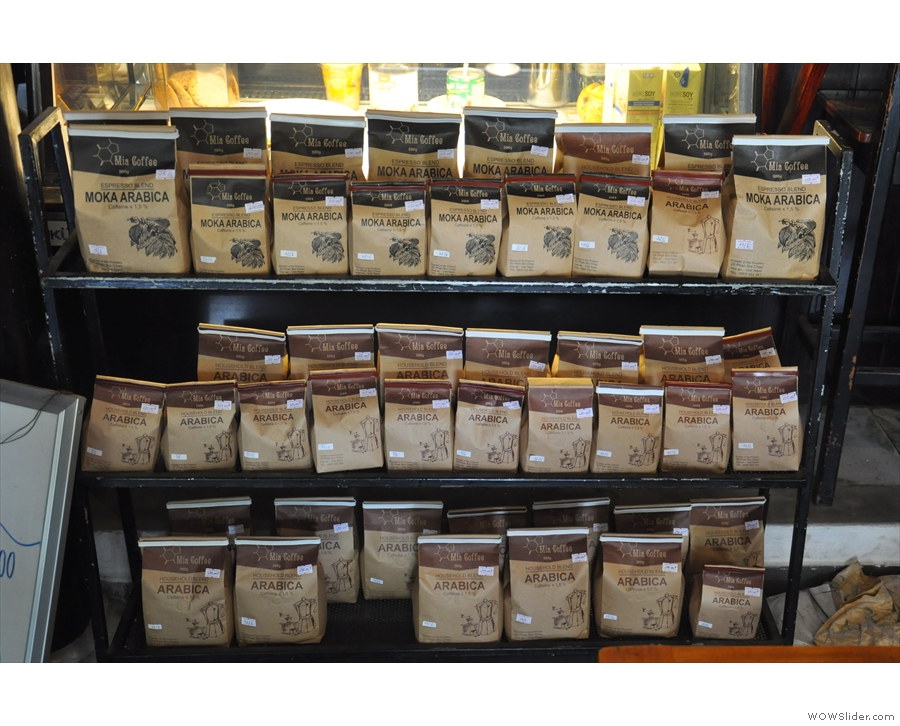 Mia Coffee is a roaster as well as a coffee shop. There are retail shelves at the back...